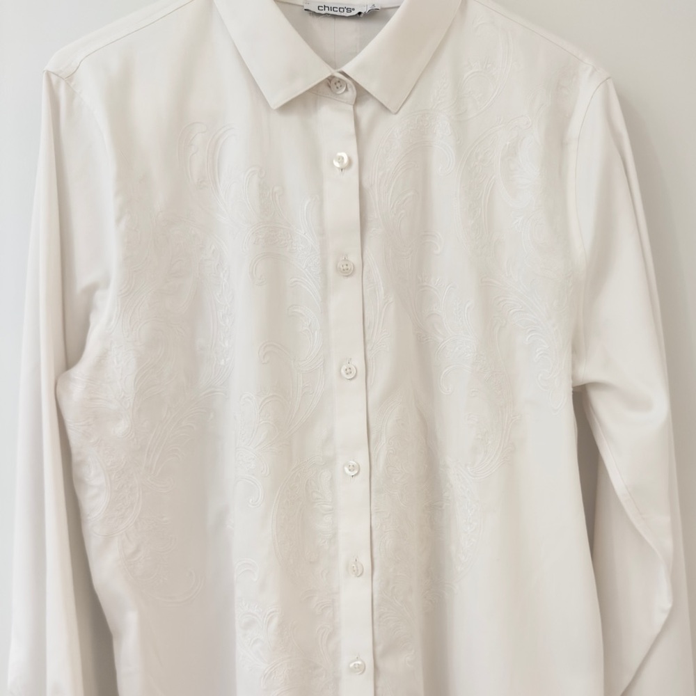 Long sleeve, embroidered front,  button down blouse, Chicos